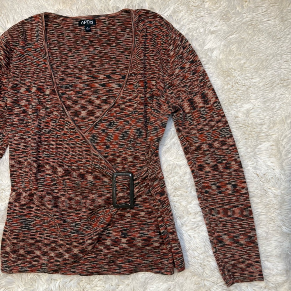 Apt. 9 Wrap Front Long Sleeve Deep V Plunge Buckle Multicolor Top